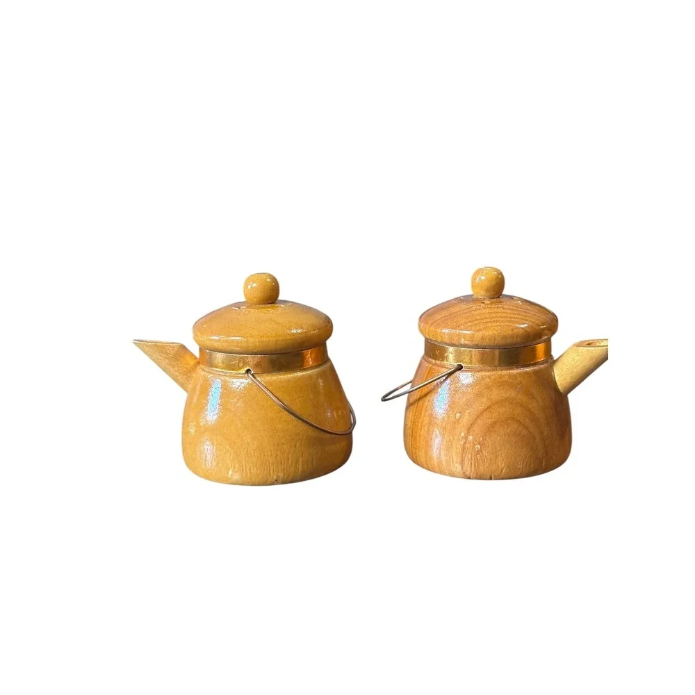 Vintage Wooden Tea Kettle Salt and Pepper Shakers Set Rustic Farmhouse Decor